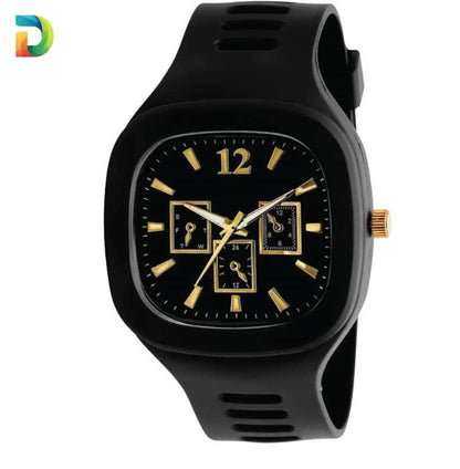 Men Black Silicone Analogue Watch with Gold Accents