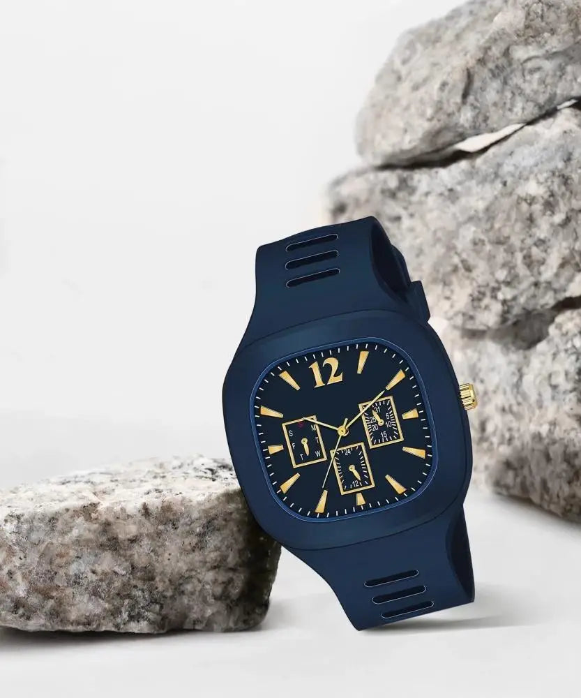 Men Black Silicone Analogue Watch with Gold Accents