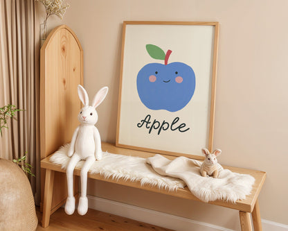 Poster Kinderzimmer · Blauer Apfel · Obst mit Gesicht · Lernposter Englisch · Geschenkidee für Kinder · Süß & Lustig · Deko Print ohne Rahmen
