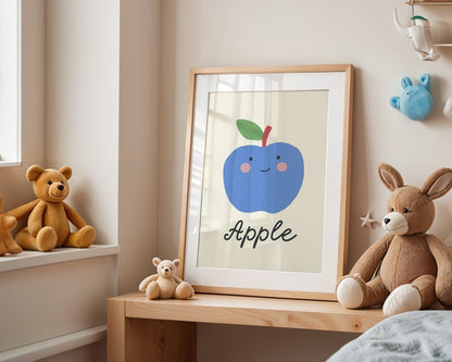 Poster Kinderzimmer · Blauer Apfel · Obst mit Gesicht · Lernposter Englisch · Geschenkidee für Kinder · Süß & Lustig · Deko Print ohne Rahmen