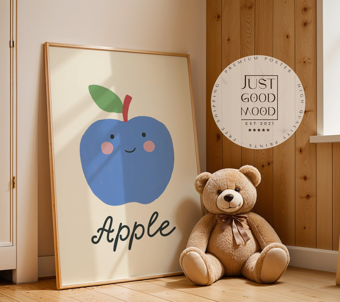 Poster Kinderzimmer · Blauer Apfel · Obst mit Gesicht · Lernposter Englisch · Geschenkidee für Kinder · Süß & Lustig · Deko Print ohne Rahmen