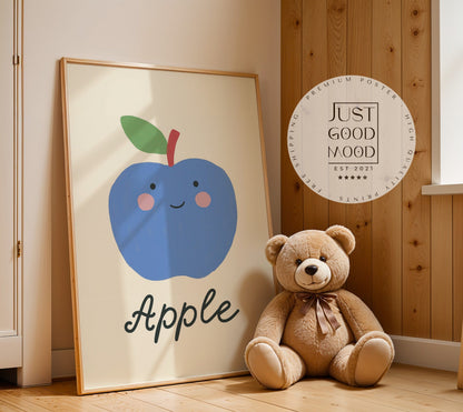 Poster Kinderzimmer · Blauer Apfel · Obst mit Gesicht · Lernposter Englisch · Geschenkidee für Kinder · Süß & Lustig · Deko Print ohne Rahmen