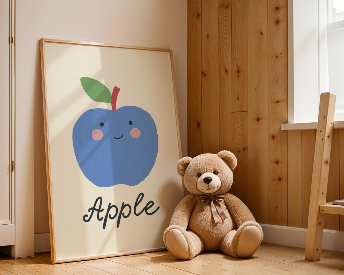 Poster Kinderzimmer · Blauer Apfel · Obst mit Gesicht · Lernposter Englisch · Geschenkidee für Kinder · Süß & Lustig · Deko Print ohne Rahmen