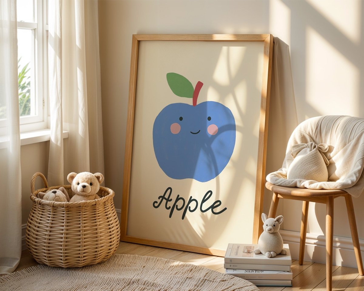 Poster Kinderzimmer · Blauer Apfel · Obst mit Gesicht · Lernposter Englisch · Geschenkidee für Kinder · Süß & Lustig · Deko Print ohne Rahmen