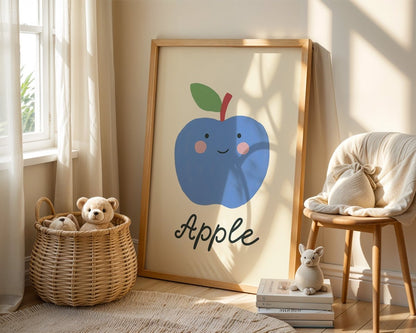 Poster Kinderzimmer · Blauer Apfel · Obst mit Gesicht · Lernposter Englisch · Geschenkidee für Kinder · Süß & Lustig · Deko Print ohne Rahmen